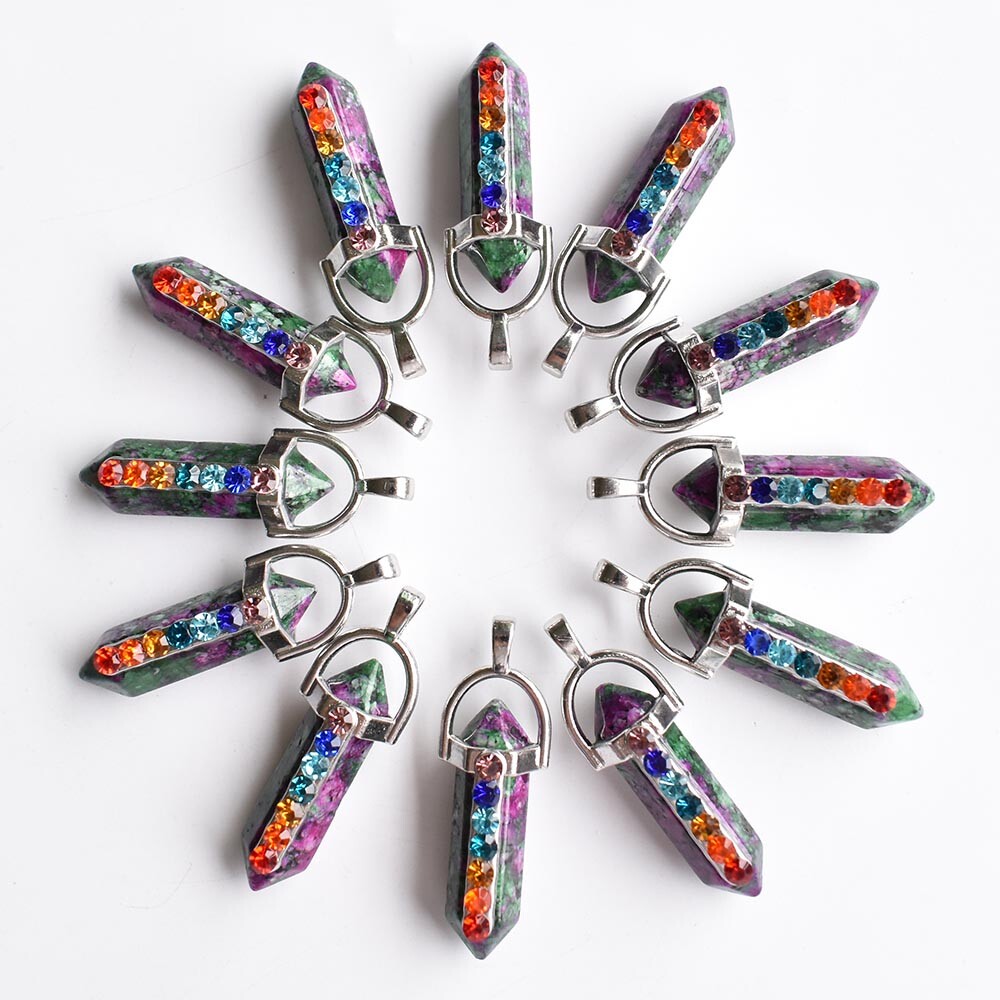 30pcs Natural Ruby In Fuchsite Hexagonal Pointed 7 Color Reiki Chakra Pendant