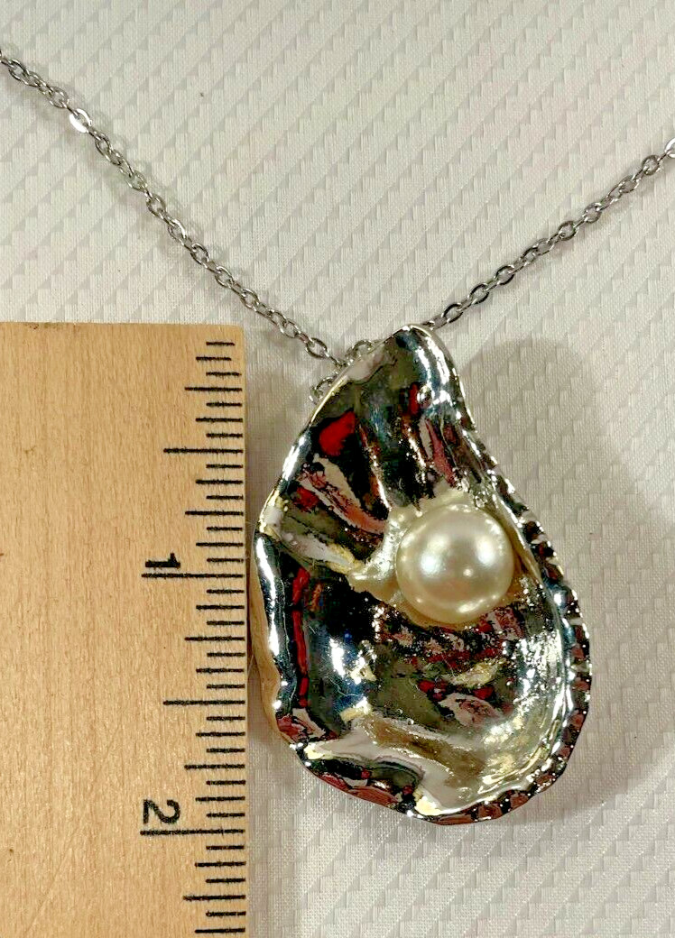 Oyster Shell Silver Necklace 30″ Stainless Chain Sea Coastal Jewelry NEW