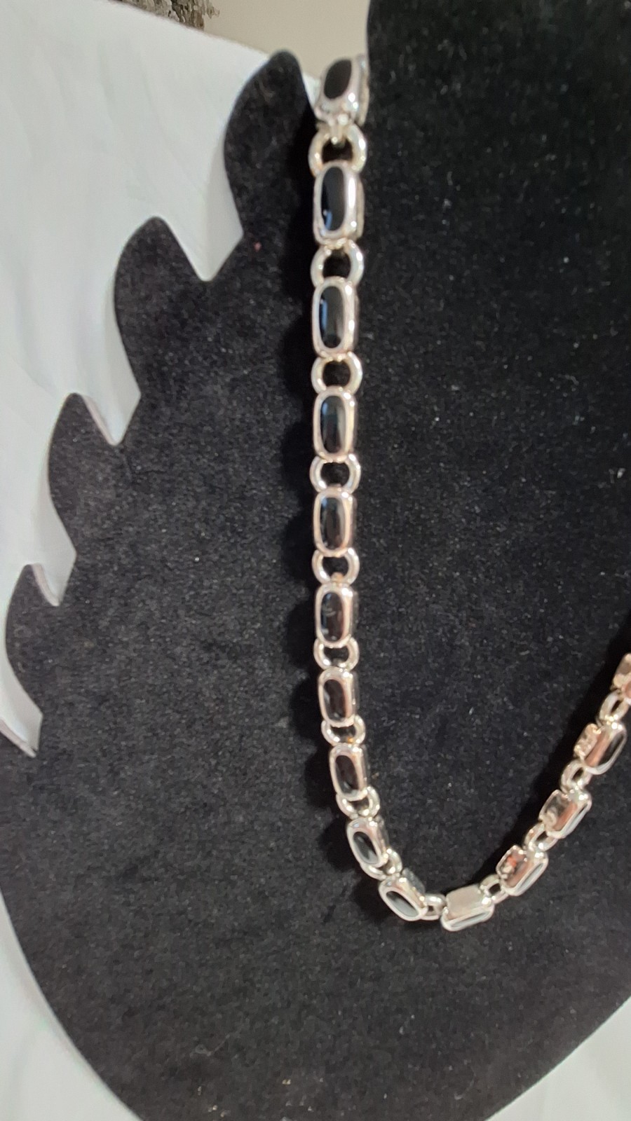 Silver Tone Oval Link Chain Necklace Black Accents Adjustable Lobster Clasp