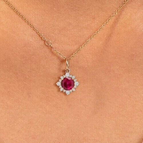 Round Cut Simulated Pink Ruby Women’s Stunning Pendant In 14K Yellow Gold Plated