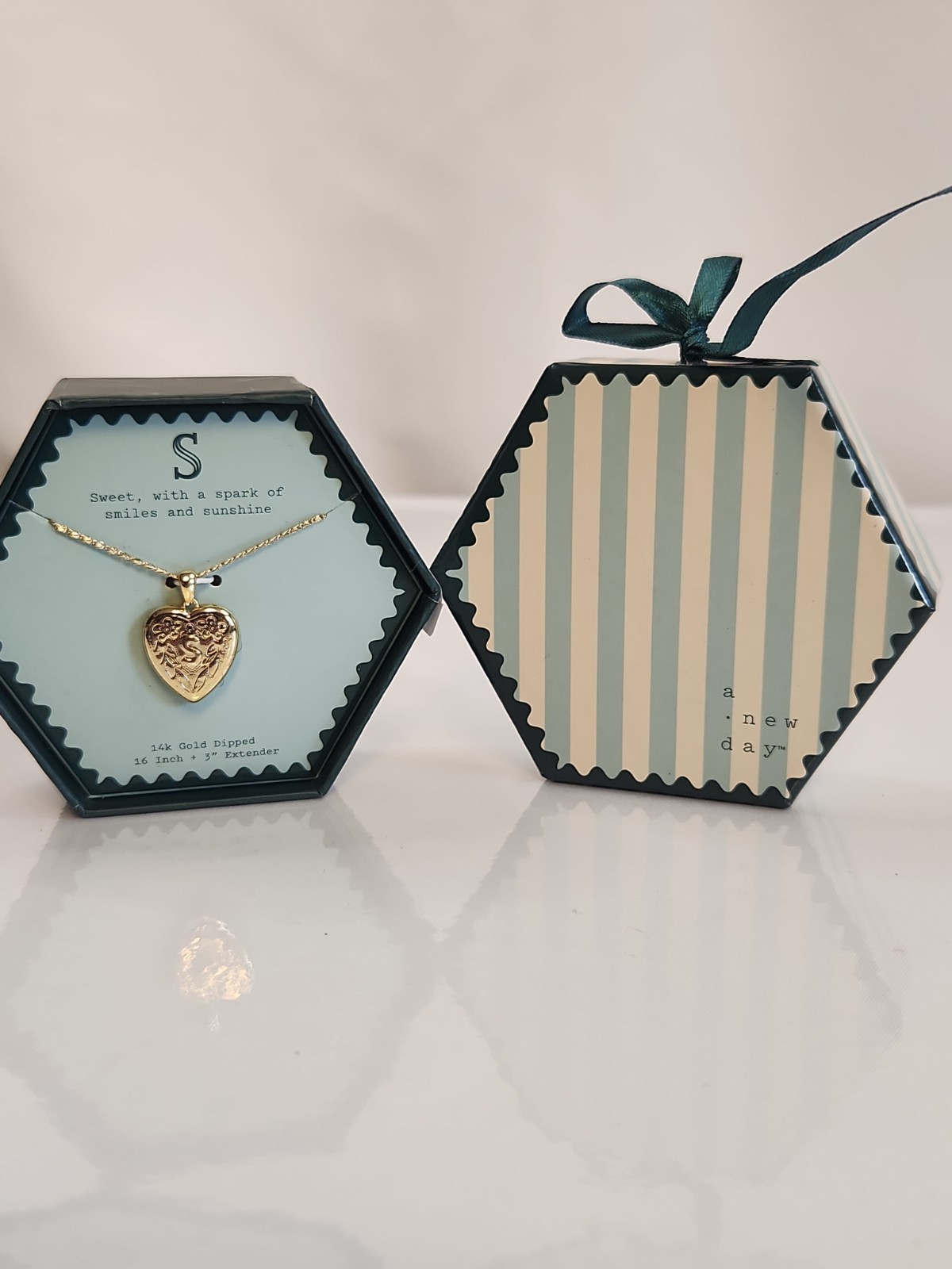 A New Day 14k Gold Dipped Initial S Heart Locket Necklace Floral Engraved Boxed