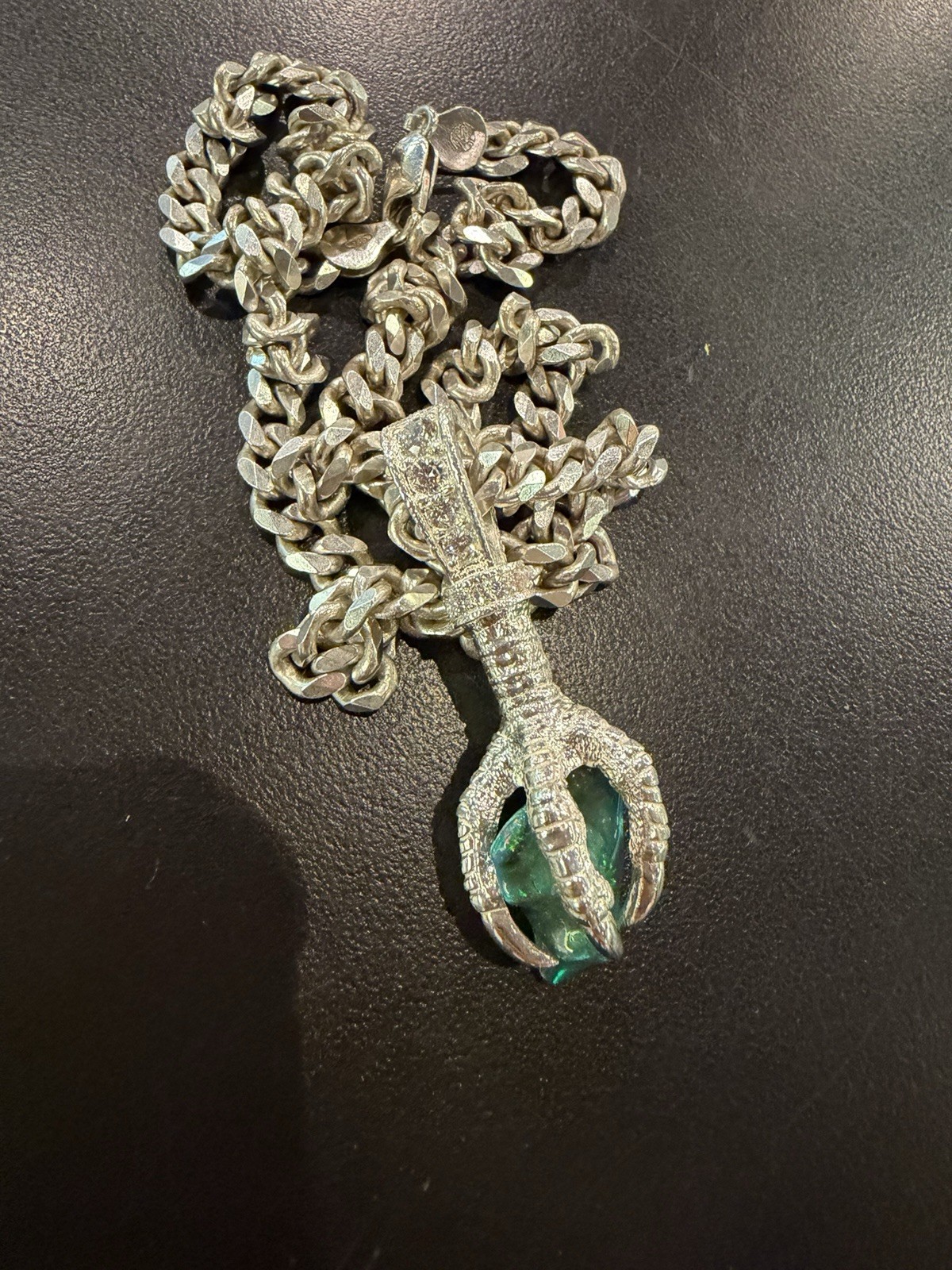 TraxNYC claw Silver Chain free form Opal Pendant Green Stone Prong Set 925silver