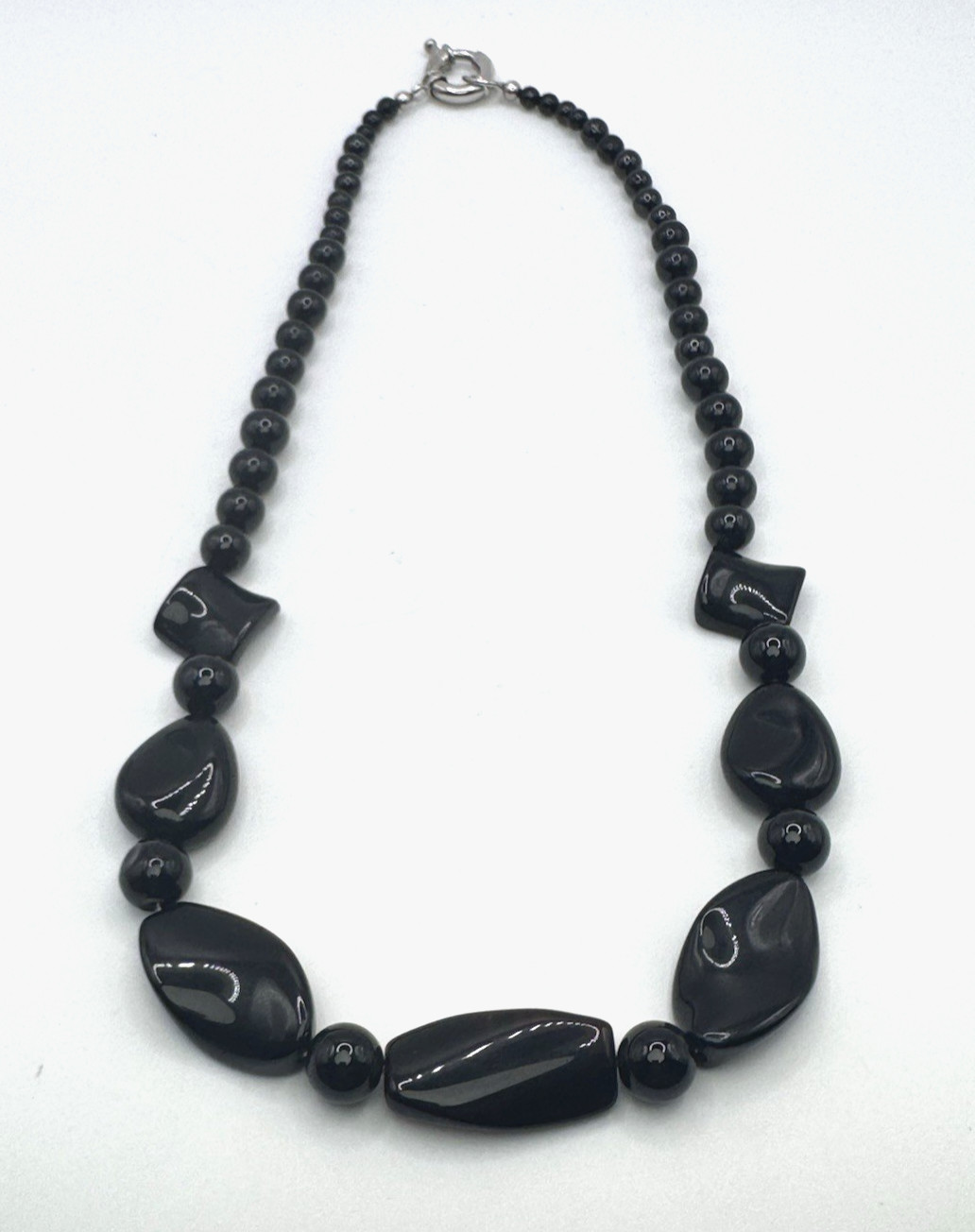 Obsidian and Black Agate 20 in Platinum Plated Clasp Boho Bead Necklace 4-18MM