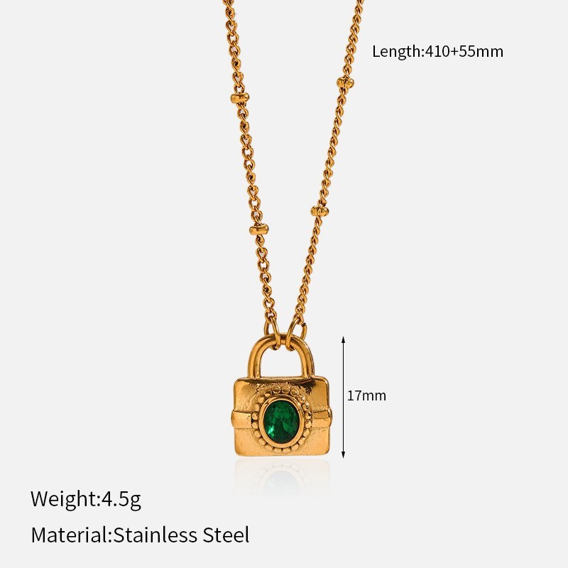 Vintage Emerald Stainless Steel Necklace Inlaid Titanium Steel Pendant Necklace
