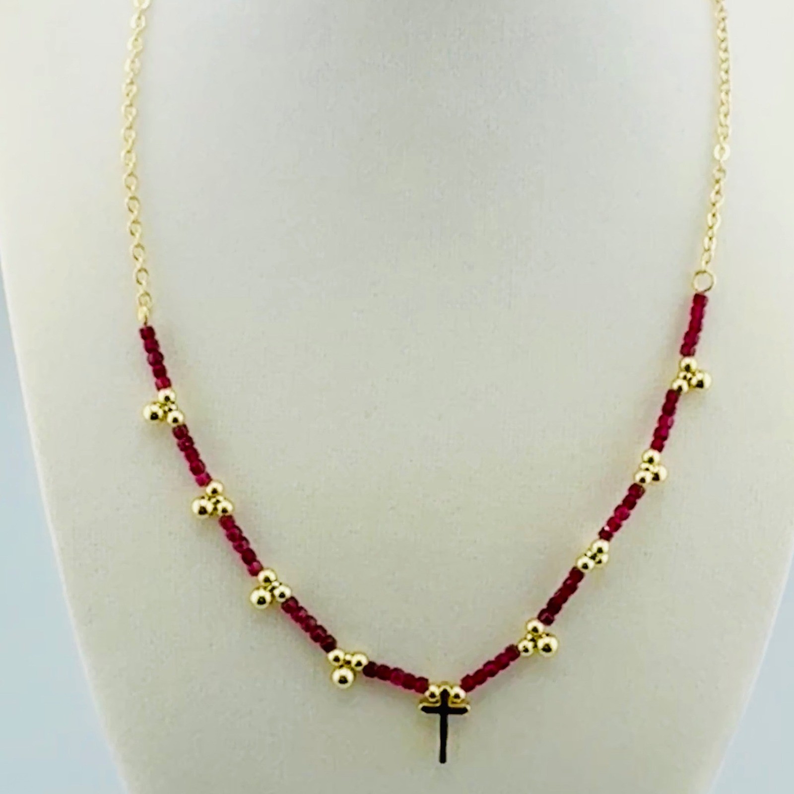 Gold Tone Beaded Cross Necklace Red Faceted Beads Religious Rosary Style Jewelry
