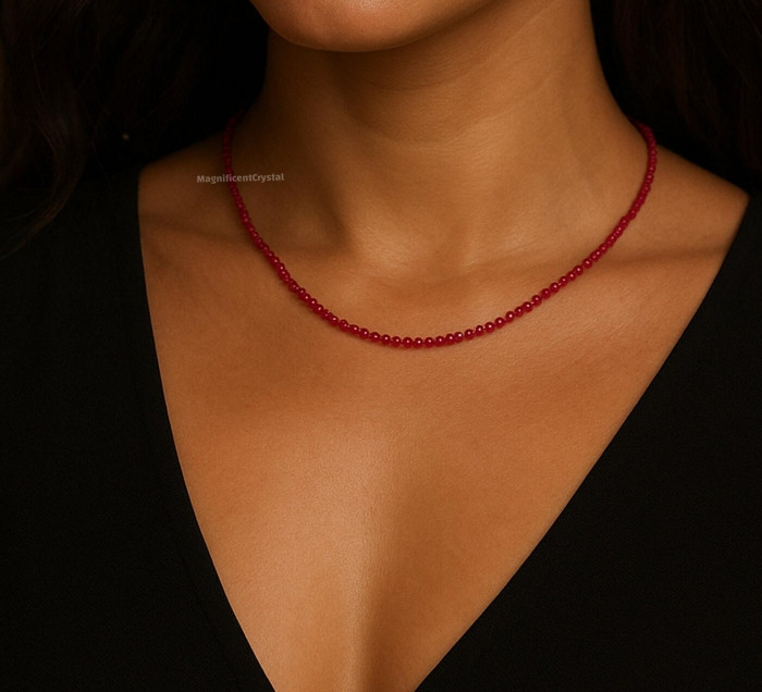 Tiny Red Garnet Gemstone Beaded Minimalist Choker Dainty Birthstone Jewelry Gift