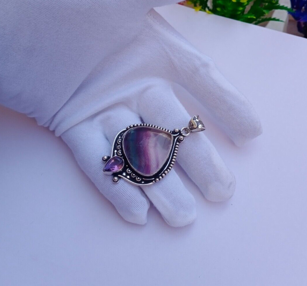 Natural Fluorite sterling silver plated pendant | Amethyst Pendant Jewelry