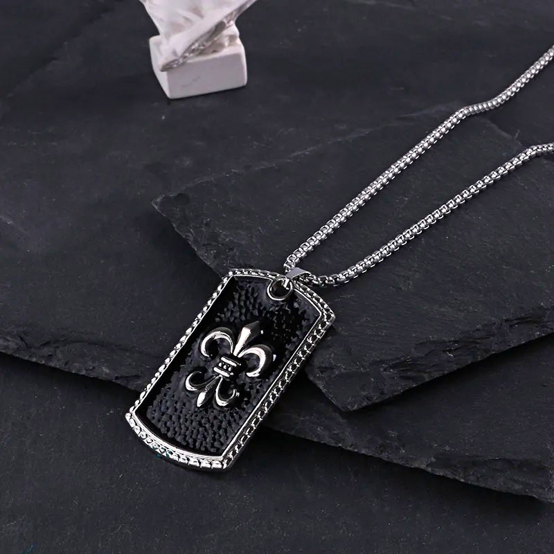 Silver Tone Box Chain Necklace with Fleur-de-Lis Dog Tag Pendant, Black