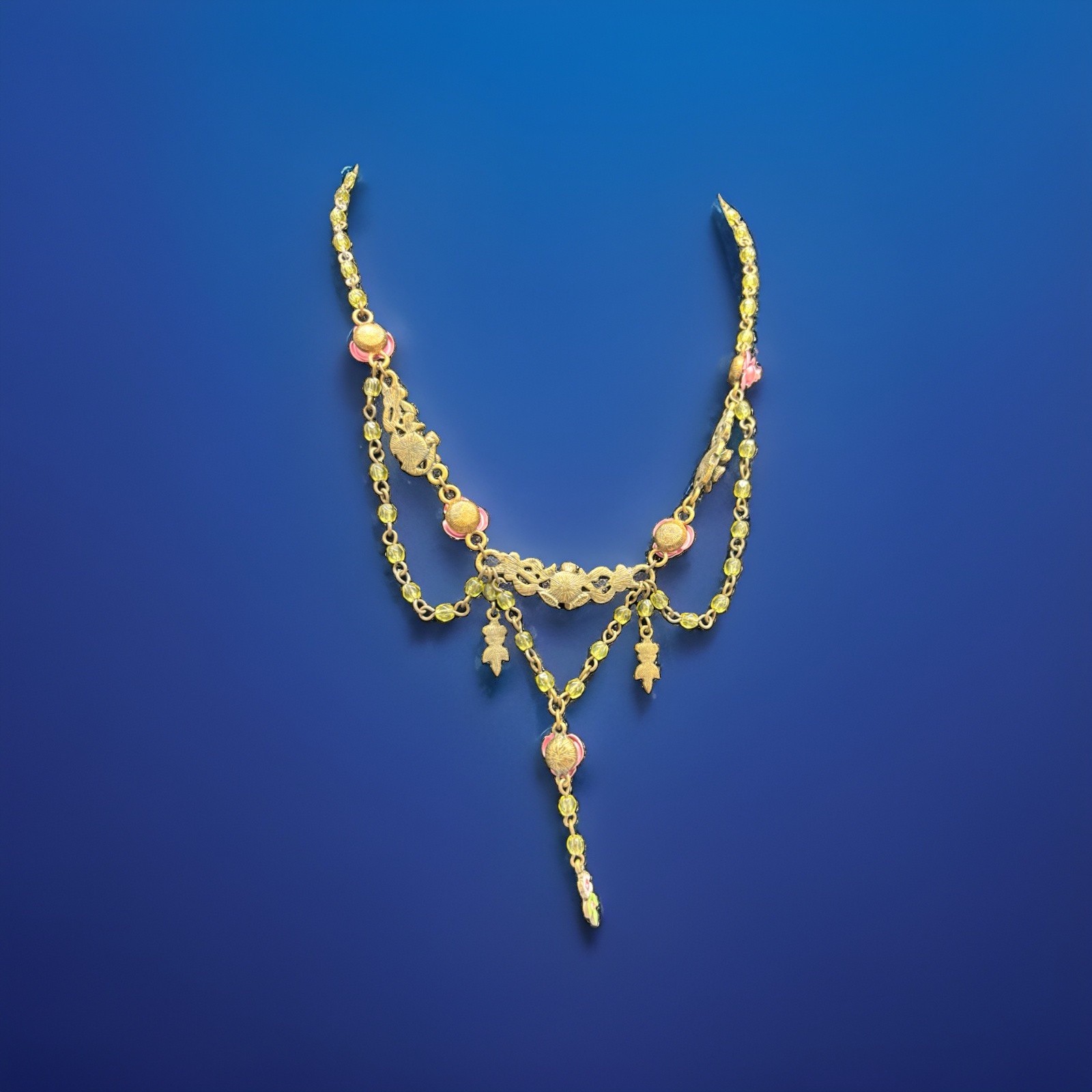 Gold Tone Double Strand Cable Chain Charm Necklace Pink Rose Green Crystal