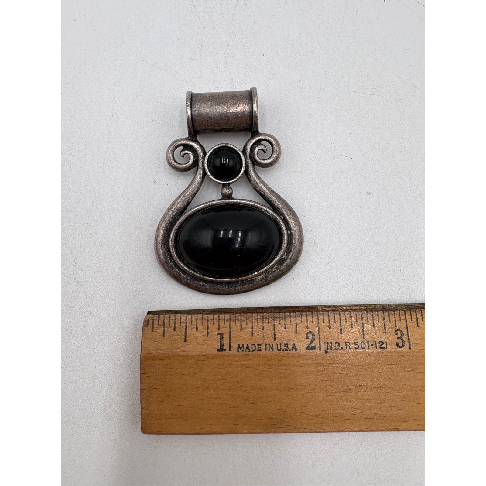 Vintage Silver Tone Black Cabochon Scroll Statement Pendant Large Bail Boho