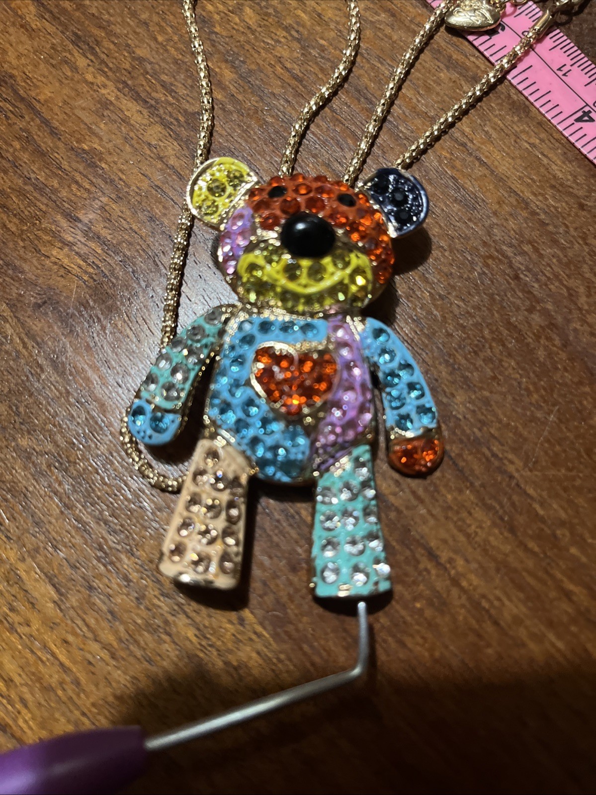 Betsey Johnson Teddy Bear Necklace Brooch Crystals 16” Chain Signed *READ*