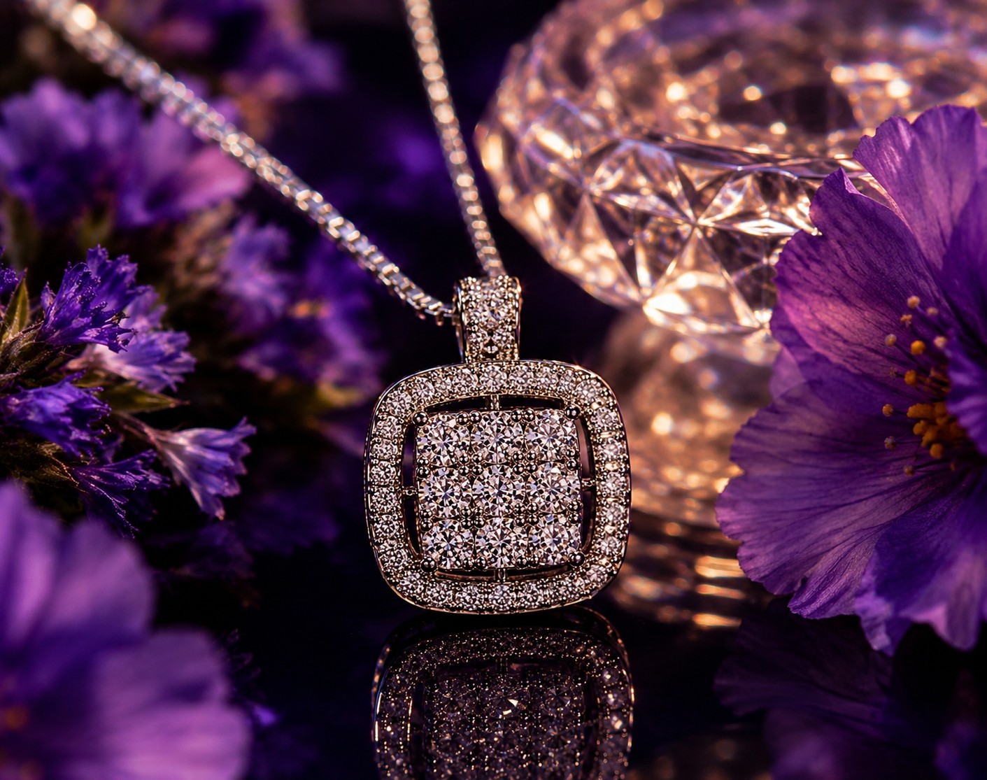 Silver Cushion Halo CZ Pendant Necklace – Box Chain, Pave Cubic Zirconia, 18″