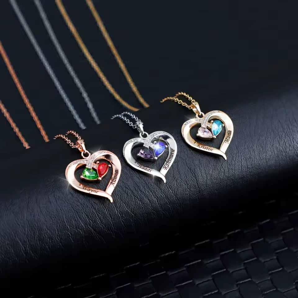 Custom Double Birthstone Name Necklace Engraved Jewelry Zirconia Heart Pendant