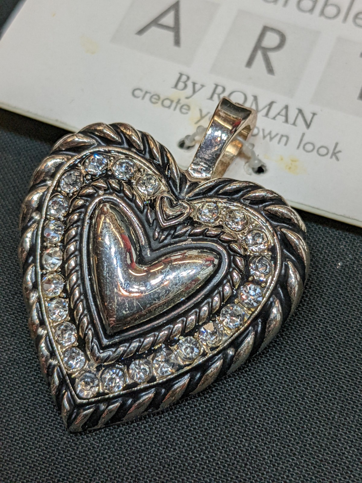 Wearable Art By Roman Silver Tone Rhinestone Heart Pendant Enhancer Charm NWT