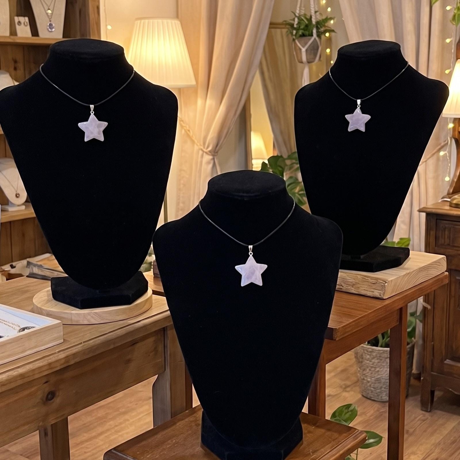 Pink Rose Quartz Crystal Star Pendant Silver Plated Bail Gemstone Jewelry Gift
