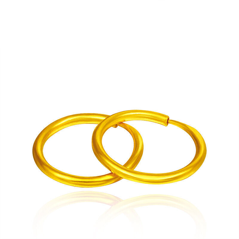 New Authentic 24K Yellow Gold Earrings Women’s Elegant Smooth Hoop Earrings 12mm