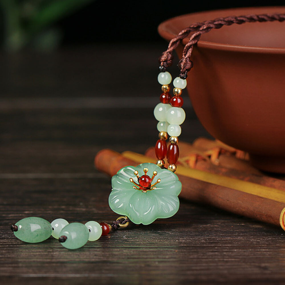 Green Jade Flower Pendant Natural Necklace Gemstone 925 Silver Chalcedony women