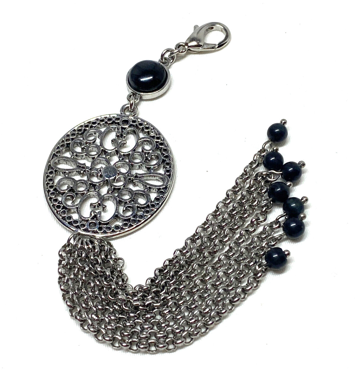 Lia Sophia Lyrical Detachable Chain Tassel Pendant Black Glass Stone Filagree 7″