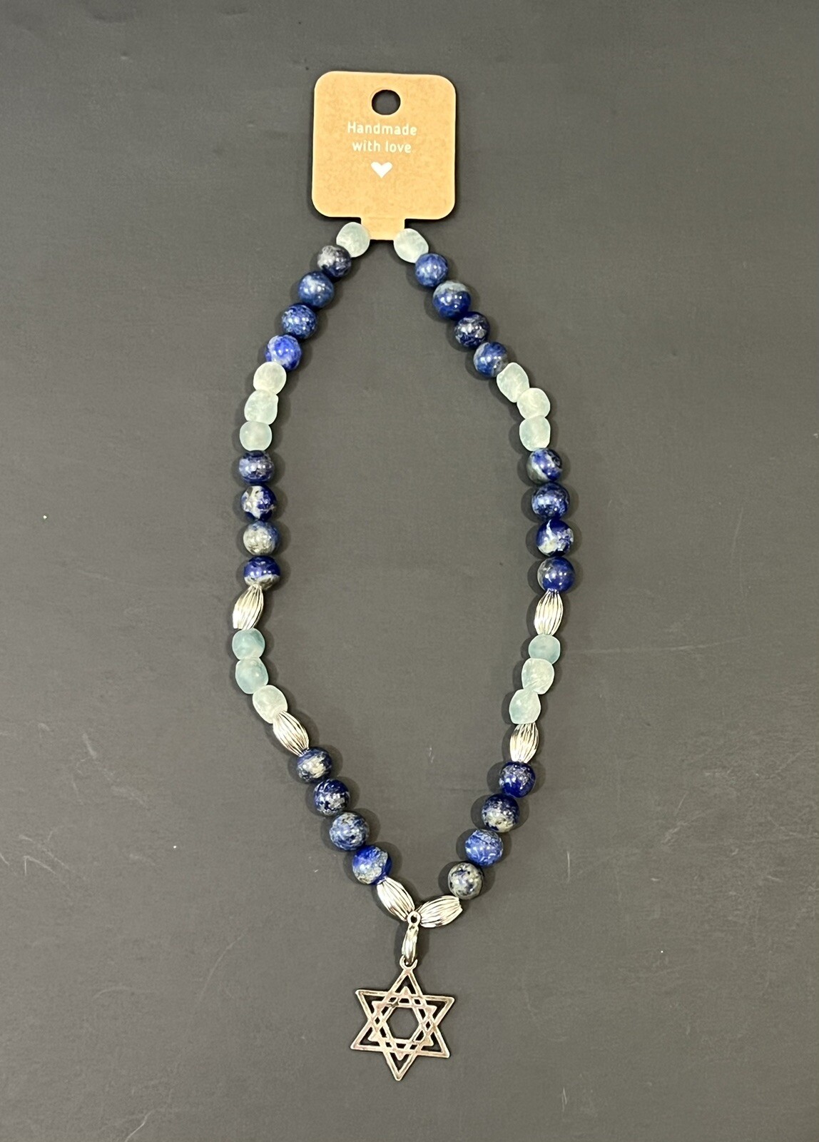 Handmade Jewish Star Of David Silver & Blue Beaded Elastic Chocker Necklace NEW