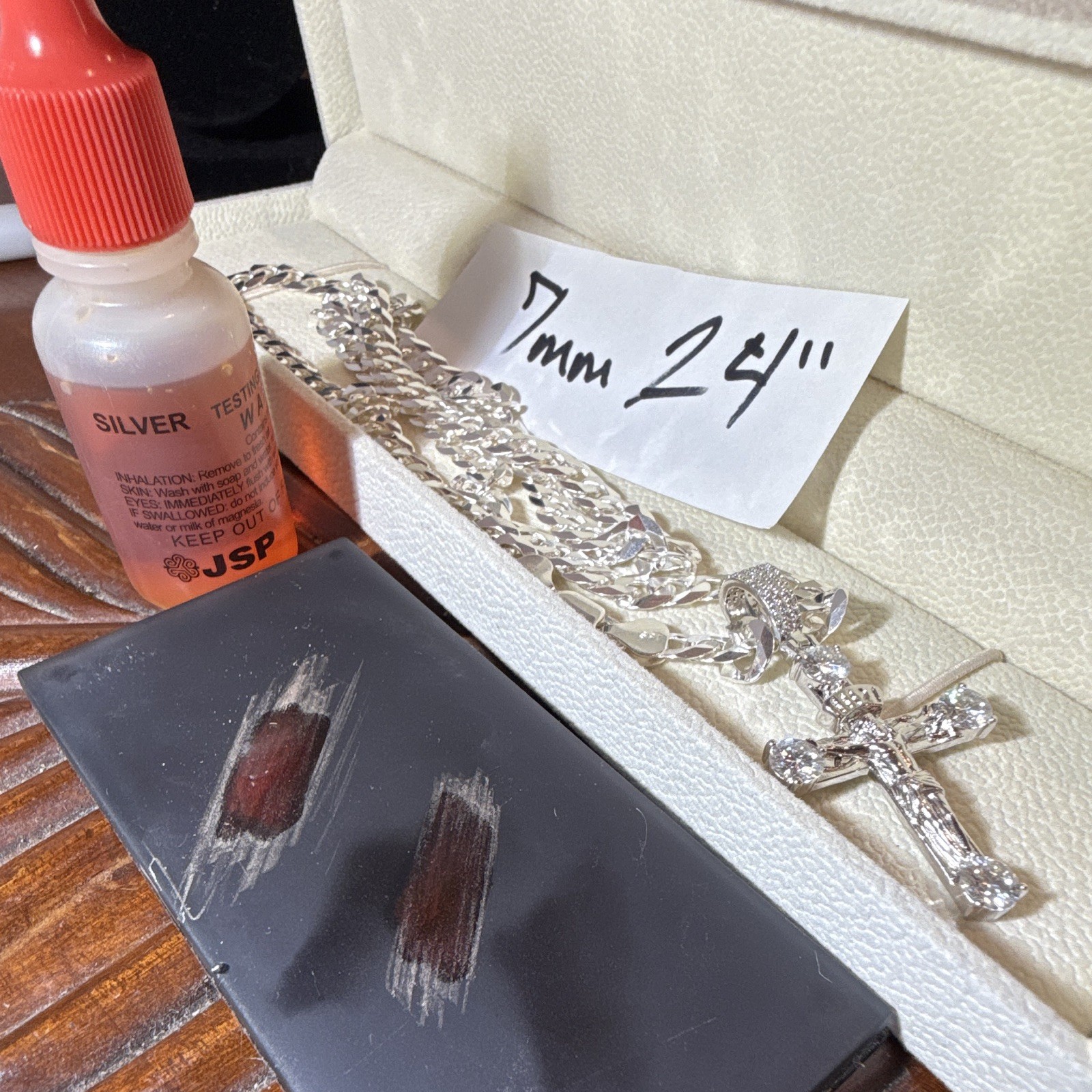 7mm 24in SOLID 925 (41g) Cuban Link Chain w Moissanite Jesus Cross Pendant 4CTW