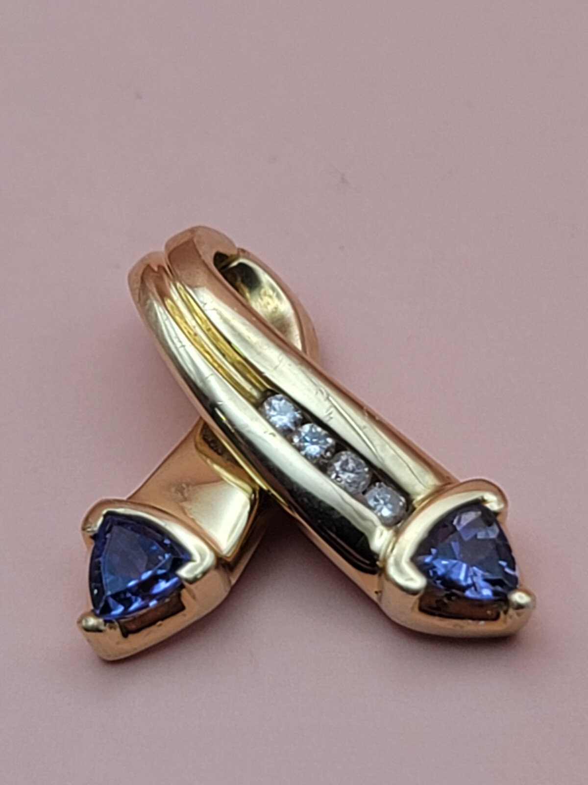 14k Yellow gold Trillion Blue Tanzanite Diamond Hinged Slider Pendant