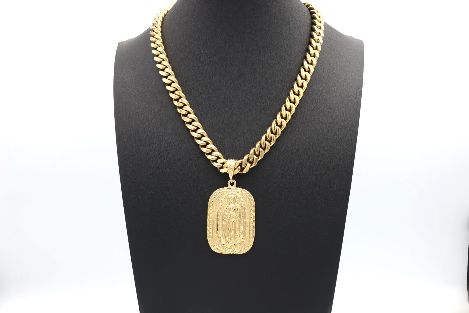 Large Virgin Mary Necklace, Gold Guadalupe Pendant, 14k Heavy Plated, 10mm Cuban