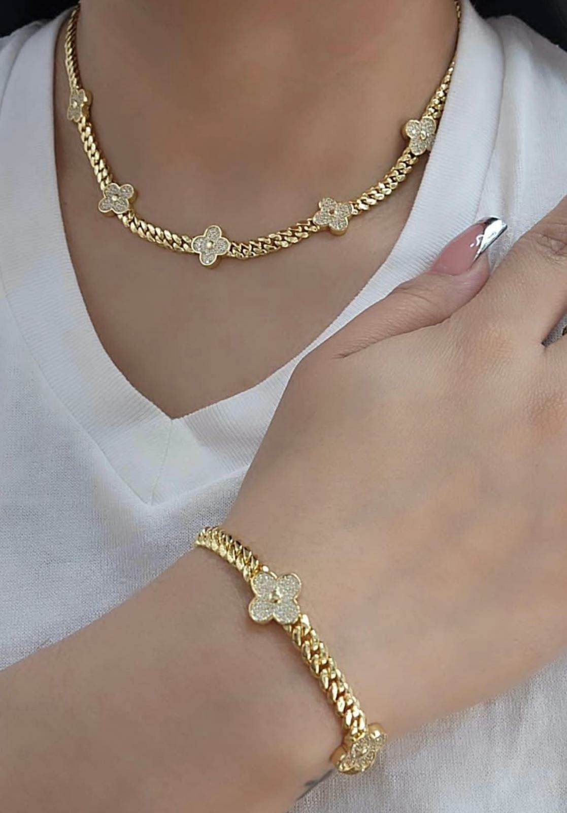 14K Gold Plated Cz Clover Flower Cuban Choker Chain Necklace And Bracelet Set