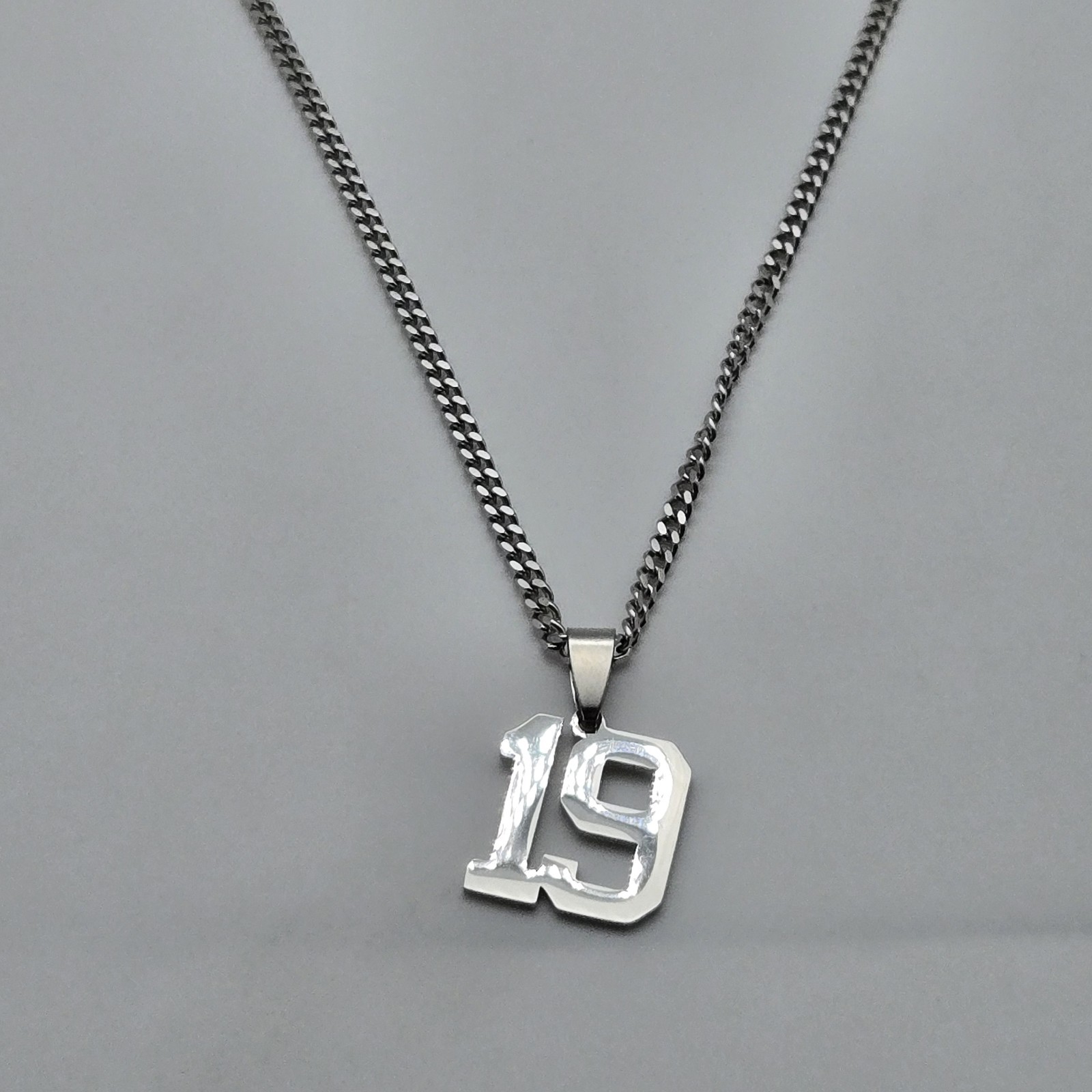 #19 BASEBALL FOOTBALL NUMBER Pendant Charm / 18″-24″ STAINLESS CHAIN NECKLACE