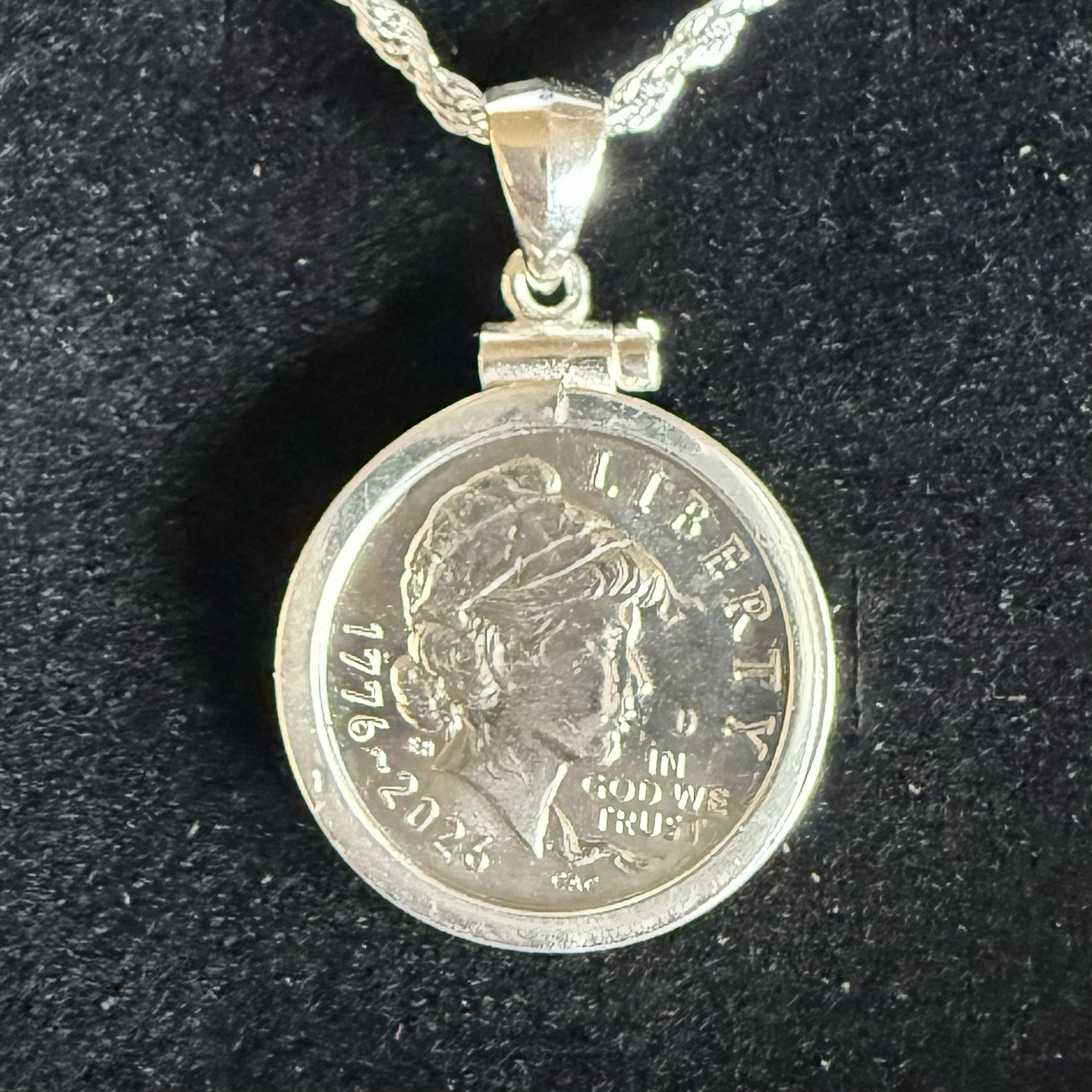 Emerging Liberty Dime Pendant Necklace w/ 925 Sterling Silver Bezel & Chain 18”