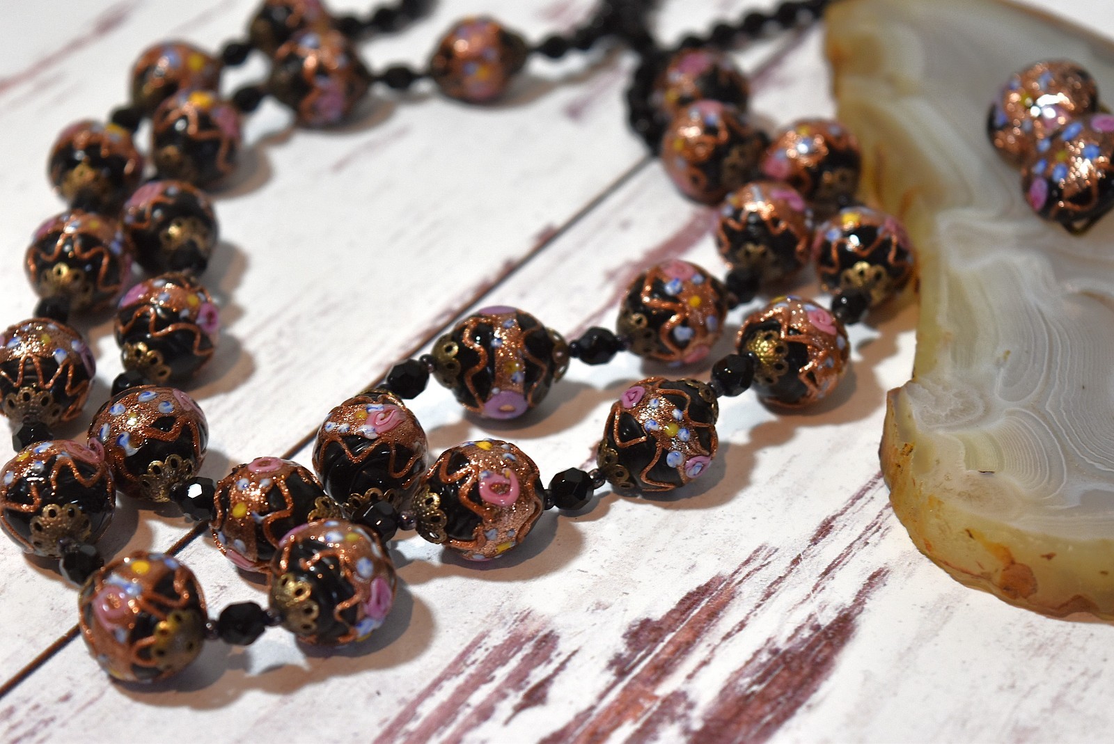 Vtg 2 Strand Venetian Murano Black Wedding Cake Glass Beaded Necklace Earrings