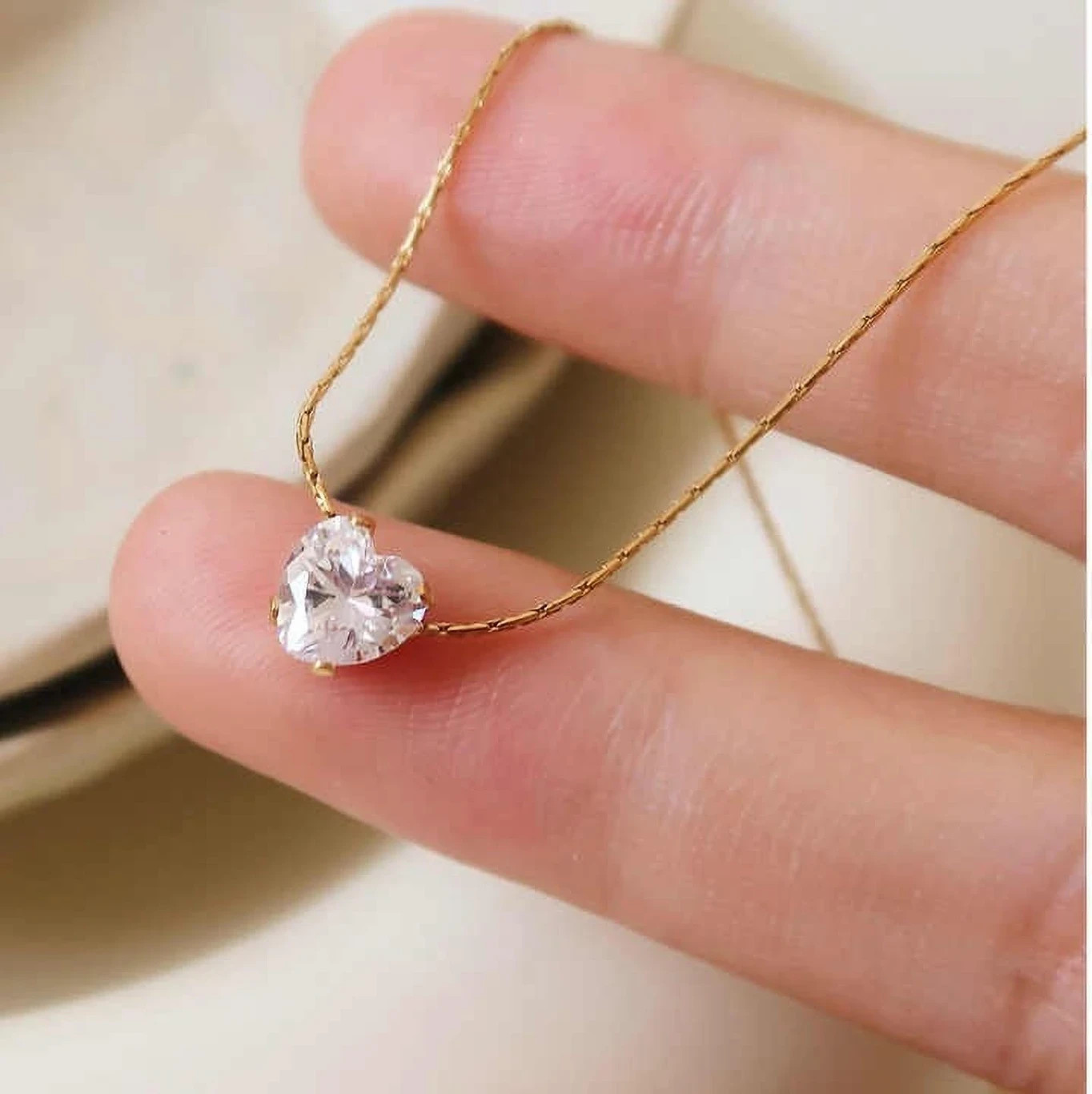 18K Gold Plated Crystal Heart Love Pendant Necklace for Women Waterproof