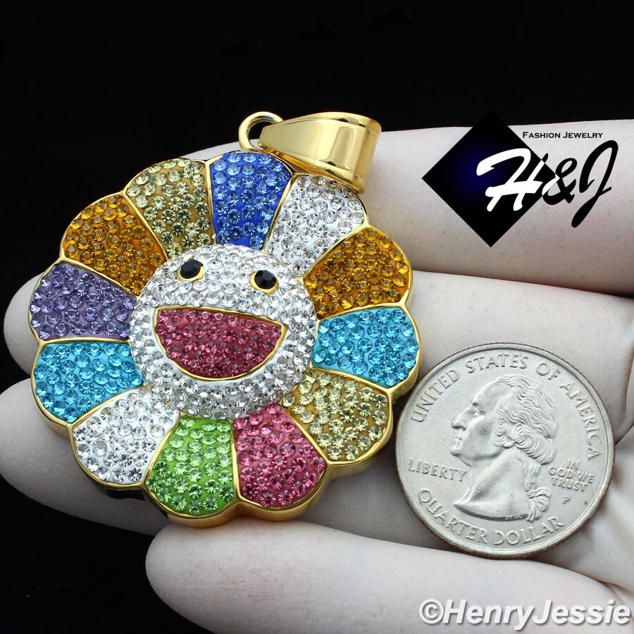 Stainless Steel Rainbow Rhinestone Happy Face Flower Gold Plated Pendant*GP126