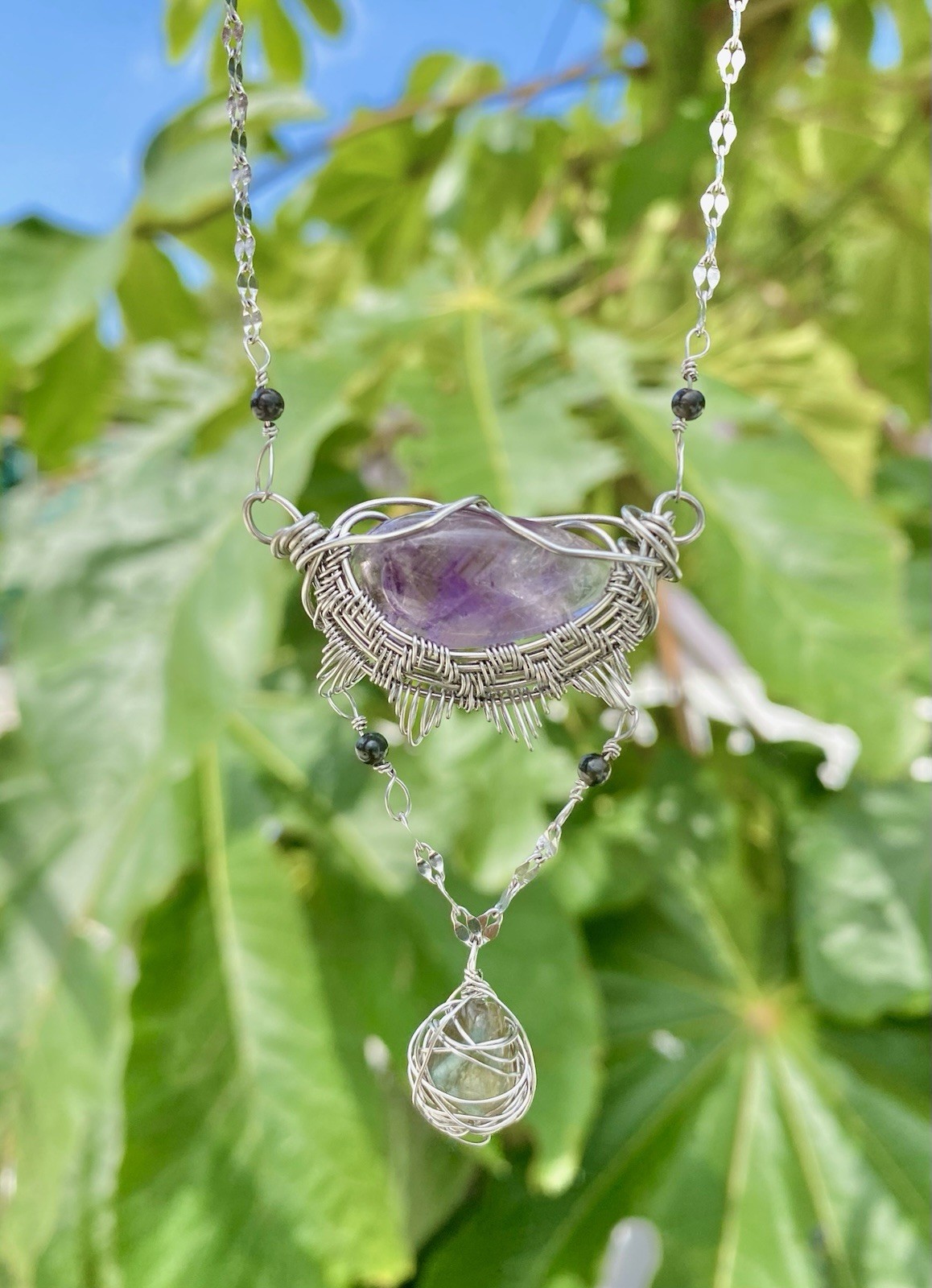 Handmade Amethyst & Labradorite Necklace Wire Wrapped Gemstones On Steel Chain