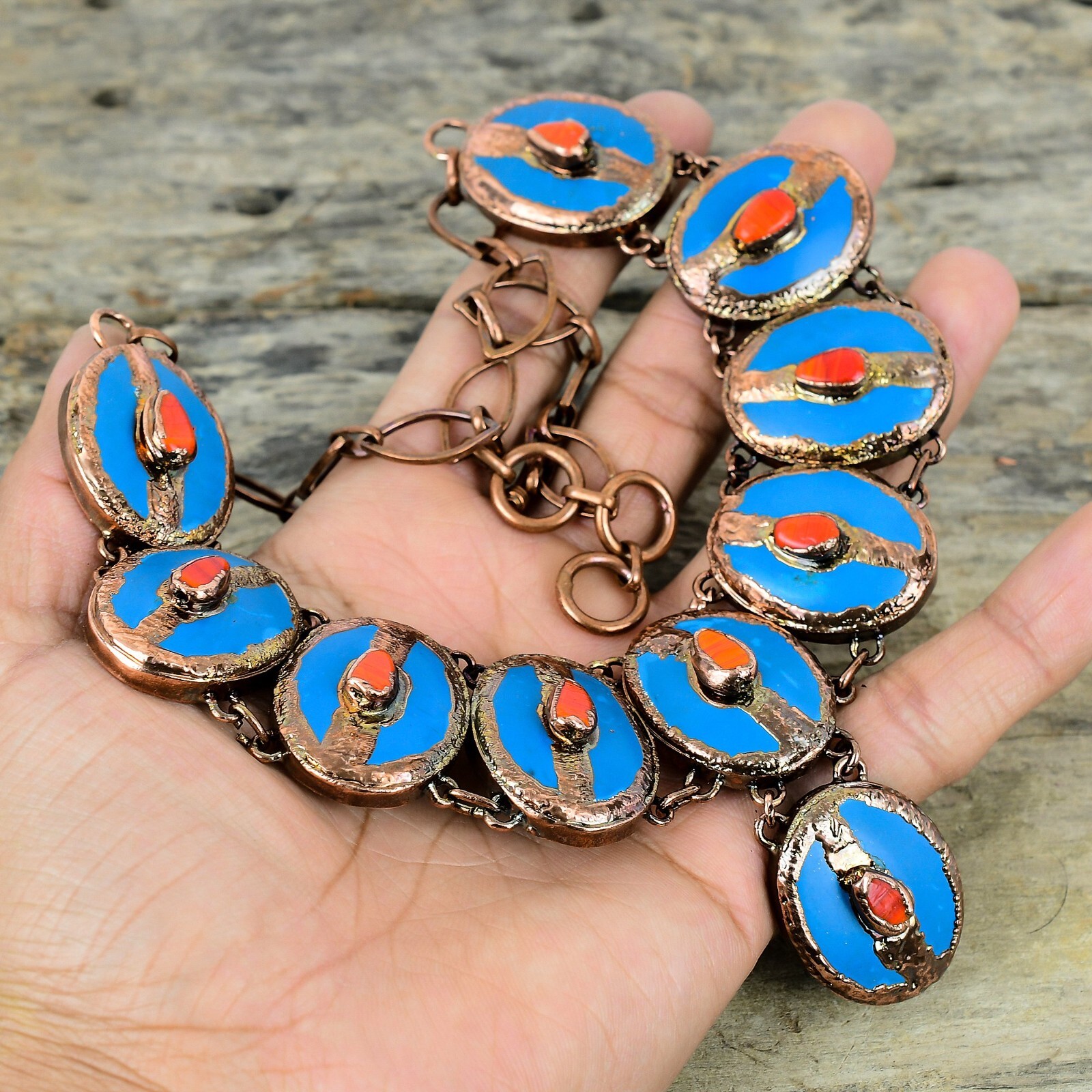 Sleeping Beauty Turquoise Copper Electroformed Chain Adjustable Necklace 18.0″