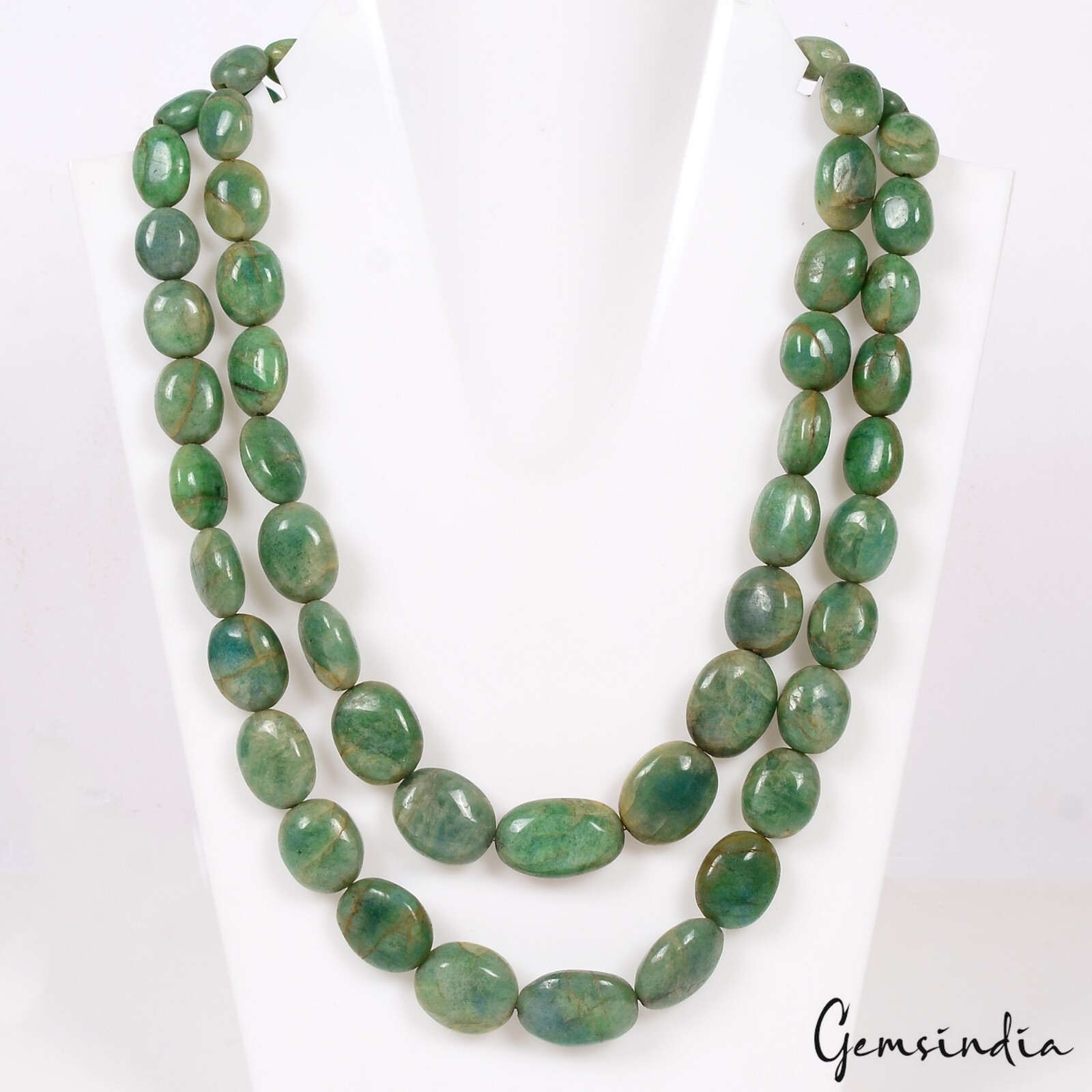 Natural Green Emerald Gemstone Smooth Beads 870Ct 22″ 2 Line Oval Beads Necklace