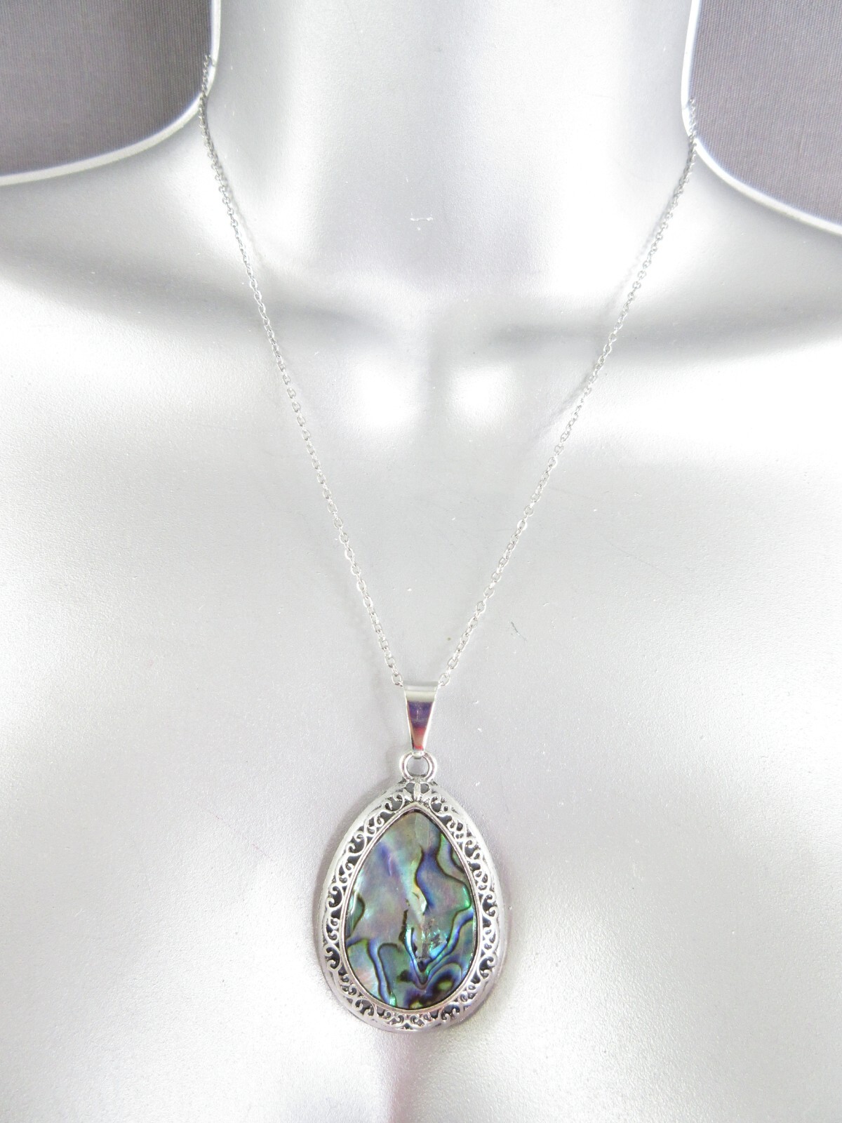 Abalone Shell Pendant Necklace Teardrop Silver Filigree Colorful Blue EXQUISITE