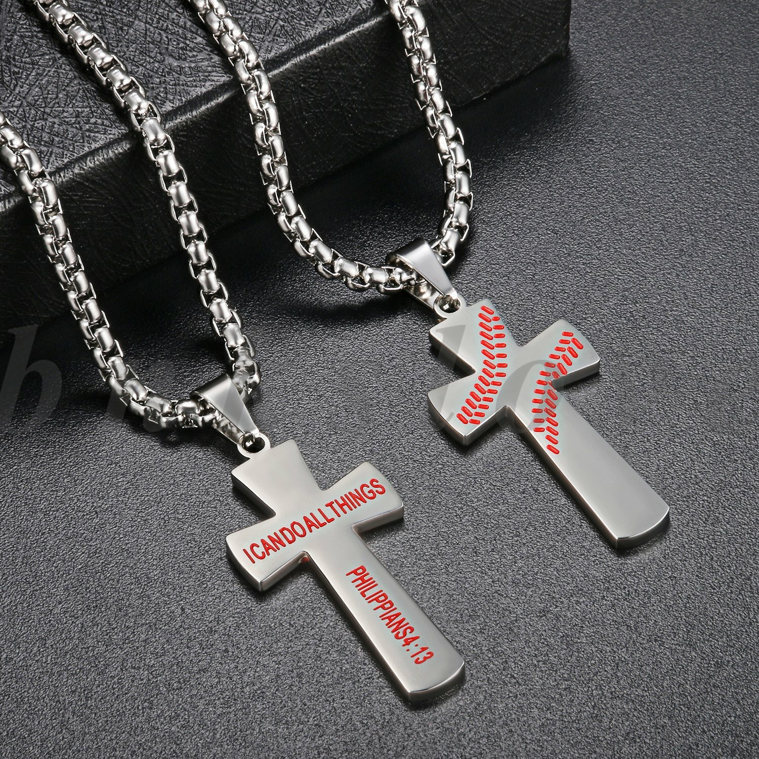 Mens Boys Stainless Steel Baseball Cross Pendant Necklace Bible Verse on Back