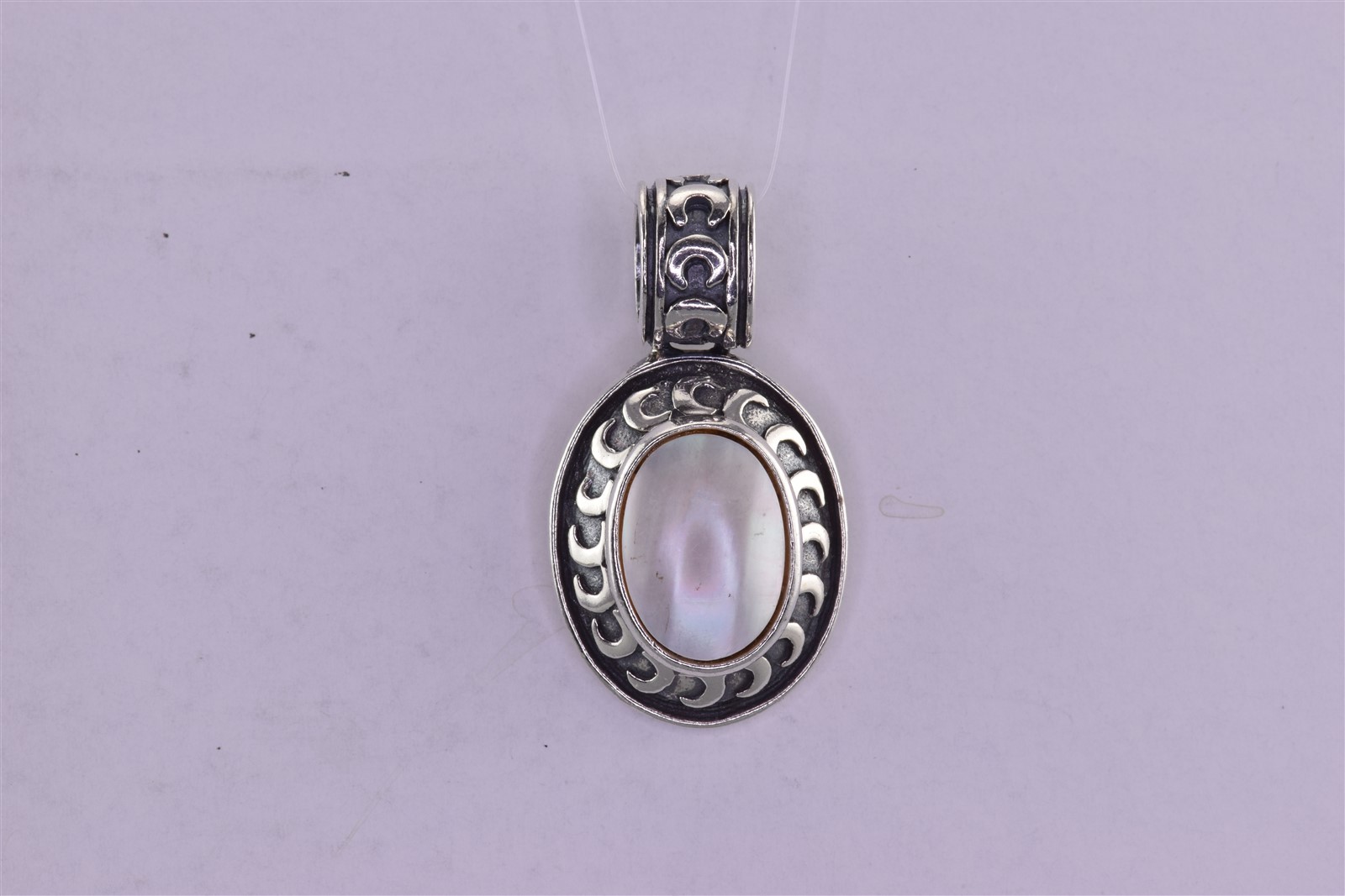 Sterling Silver 32mm x 18mm Mother of Pearl Carved Moons Bezel 925 Pendant