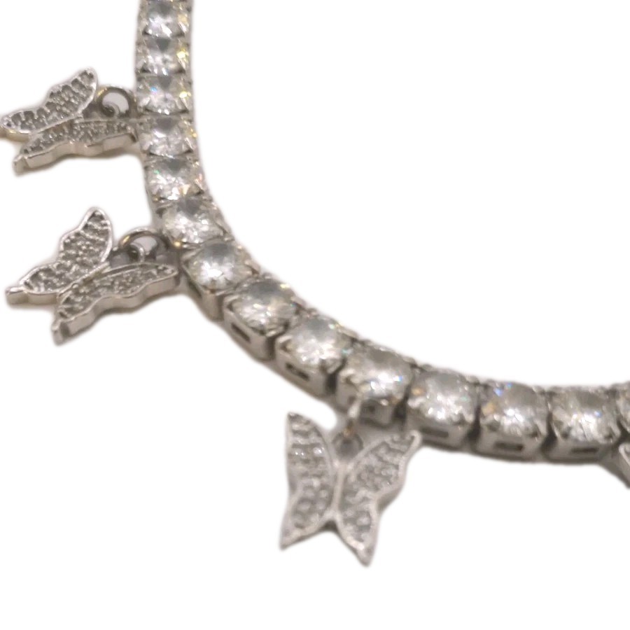 Clear Butterfly Charm Necklace Rhinestone Silver Tone Adjustable 13 to 15 in