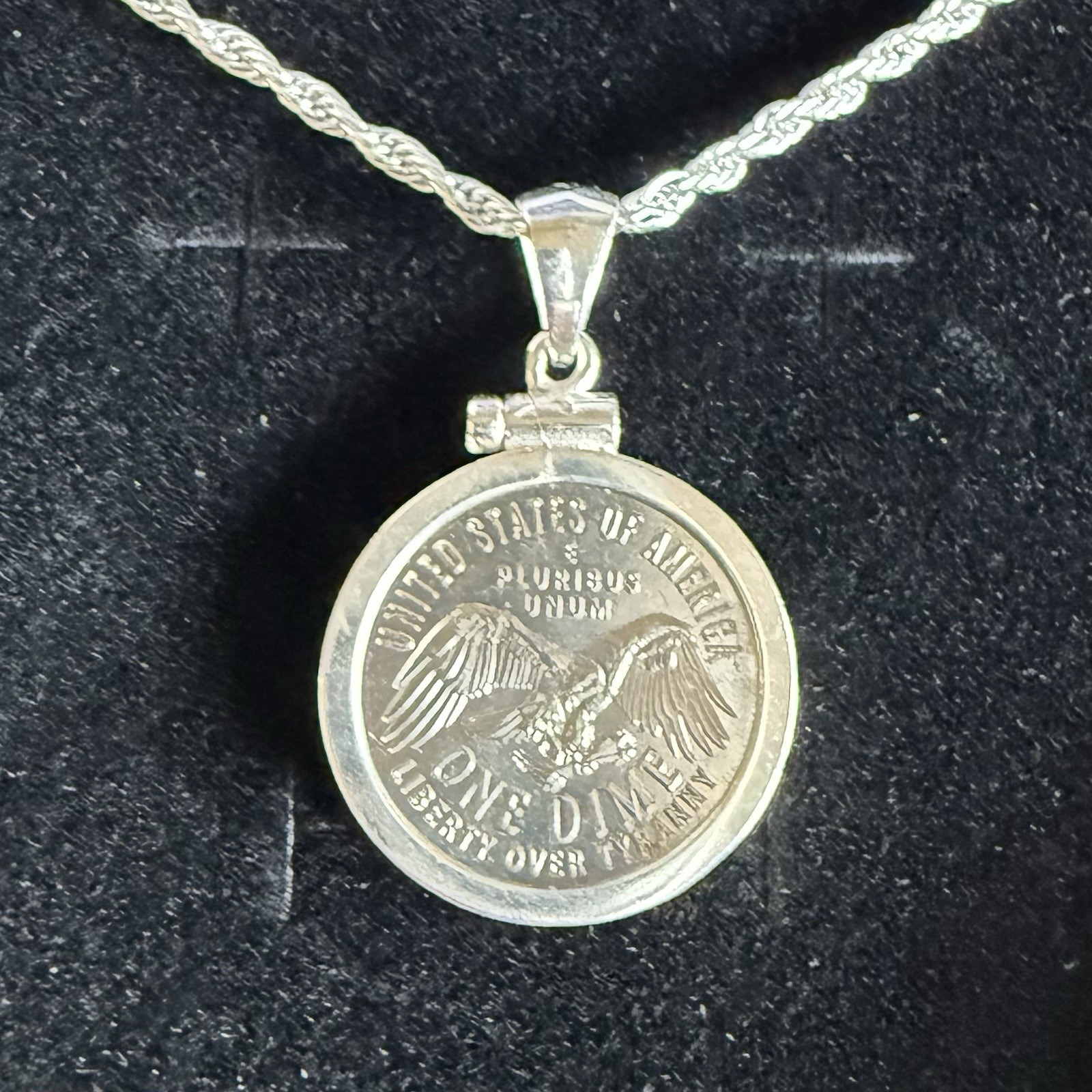 Emerging Liberty Dime Pendant Necklace w/ 925 Sterling Silver Bezel & Chain 18”
