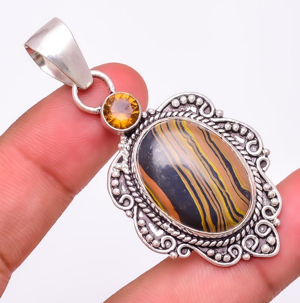 Tiger Rainbow Calsilica & Smokey Quartz Gemstone 925 Silver Plated Pendant 2.4″
