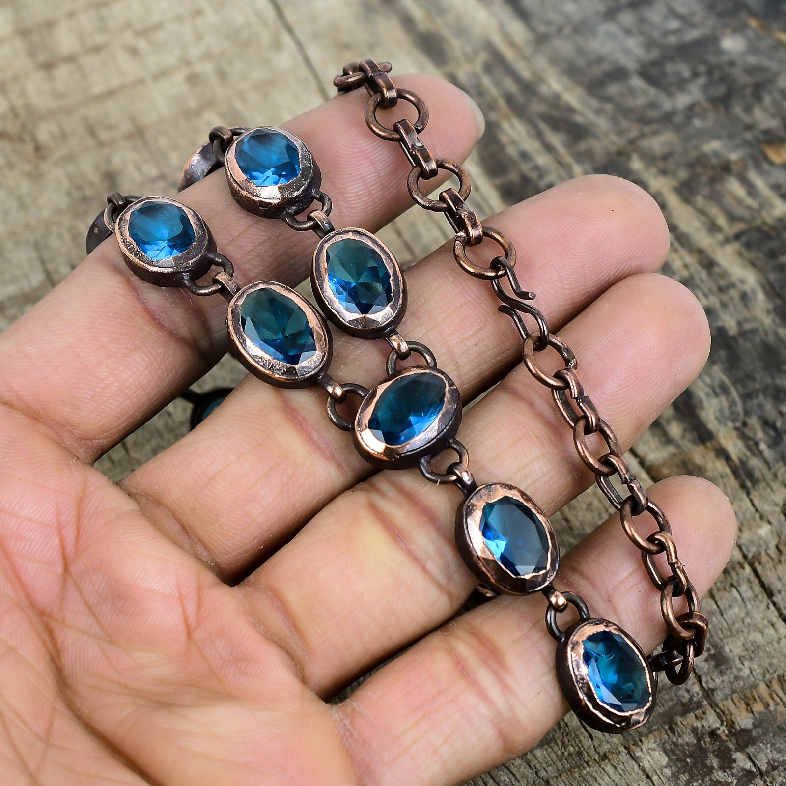 Swiss Blue Topaz Gemstone Copper Chain Bezel Electroformed Mother Boho Necklace