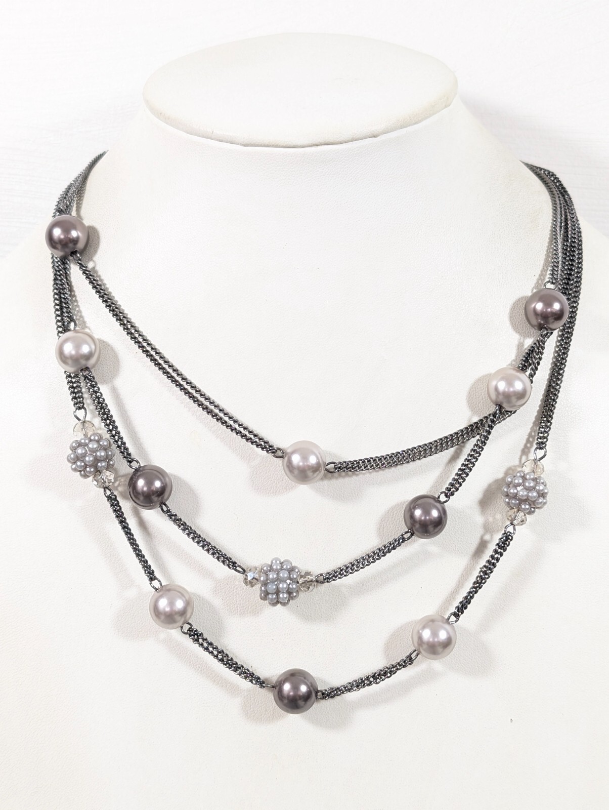 Roman Gray Faux Pearl Station Multi Chain Layered Statement Neckalce Whimsigoth