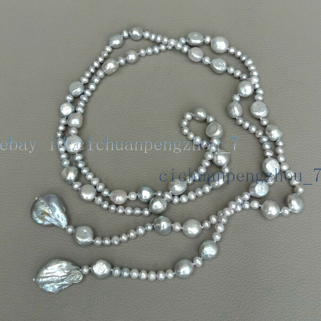 Natural 6-7mm 12-14mm Akoya Gray Cultured Coin Baroque Pearl Long Necklace 53”