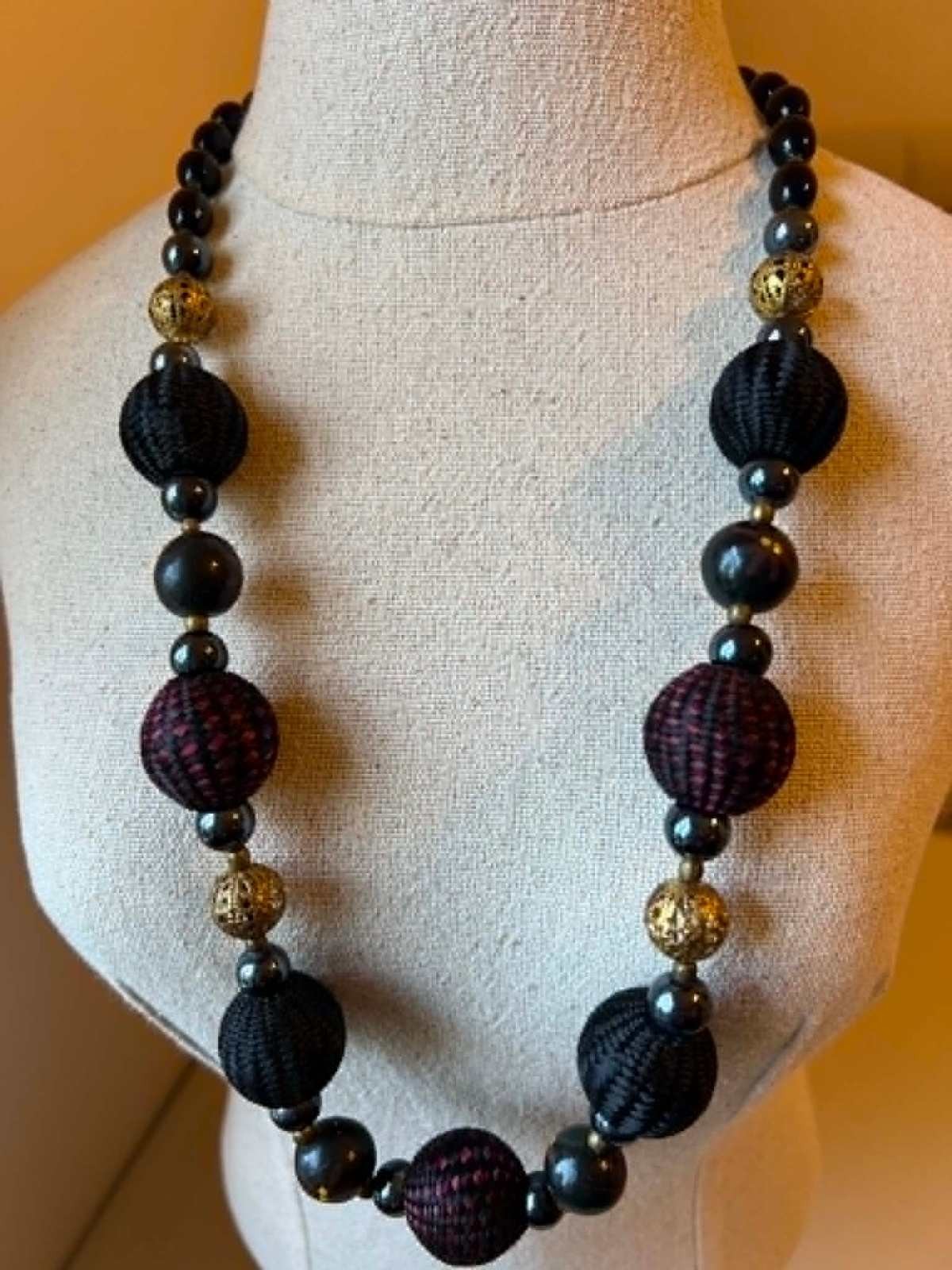 Vintage Black and Burgundy Beaded Statement Necklace with Gold Accents