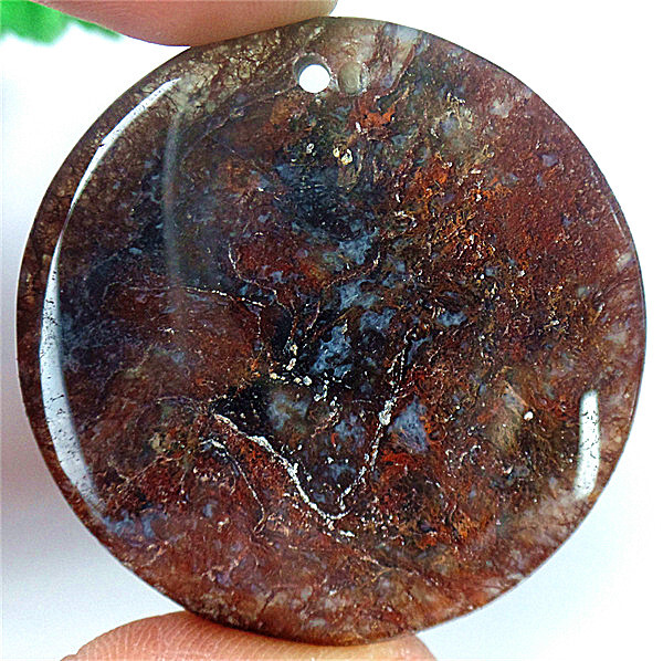 47x7mm Natural Brown Red Moss Agate Round Reiki Healing Pendant Bead BV66553
