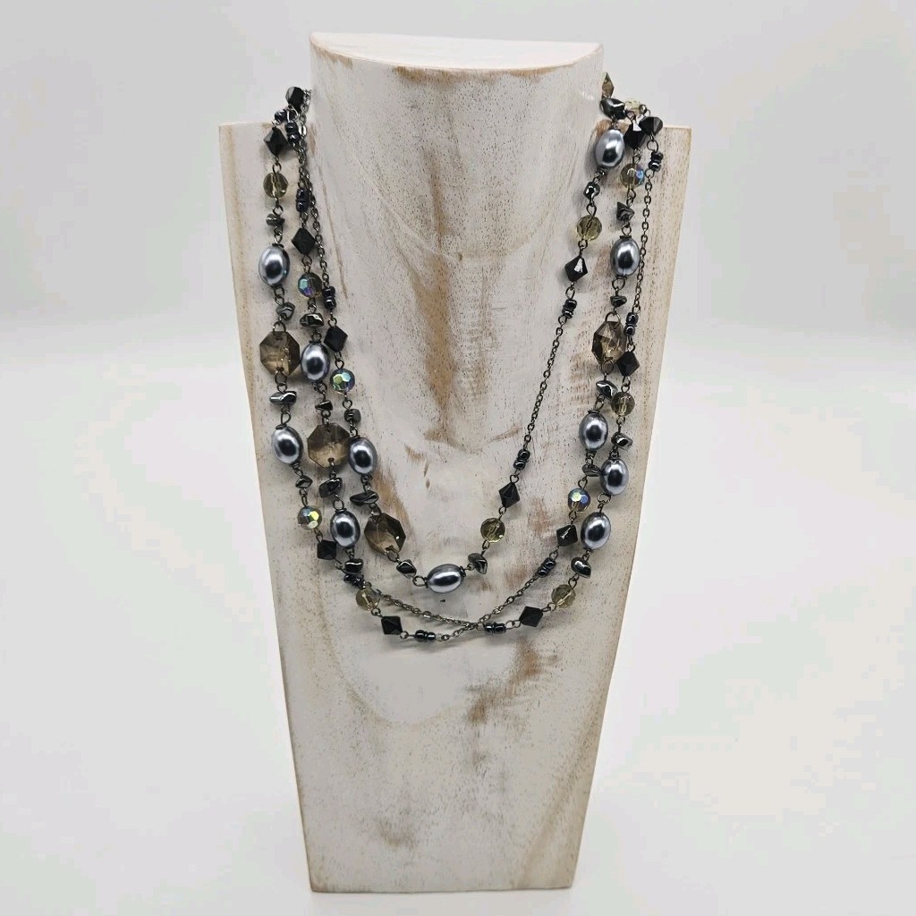 Macy’s Black & Grey Aurora Borealis Beaded necklace Long 60 in