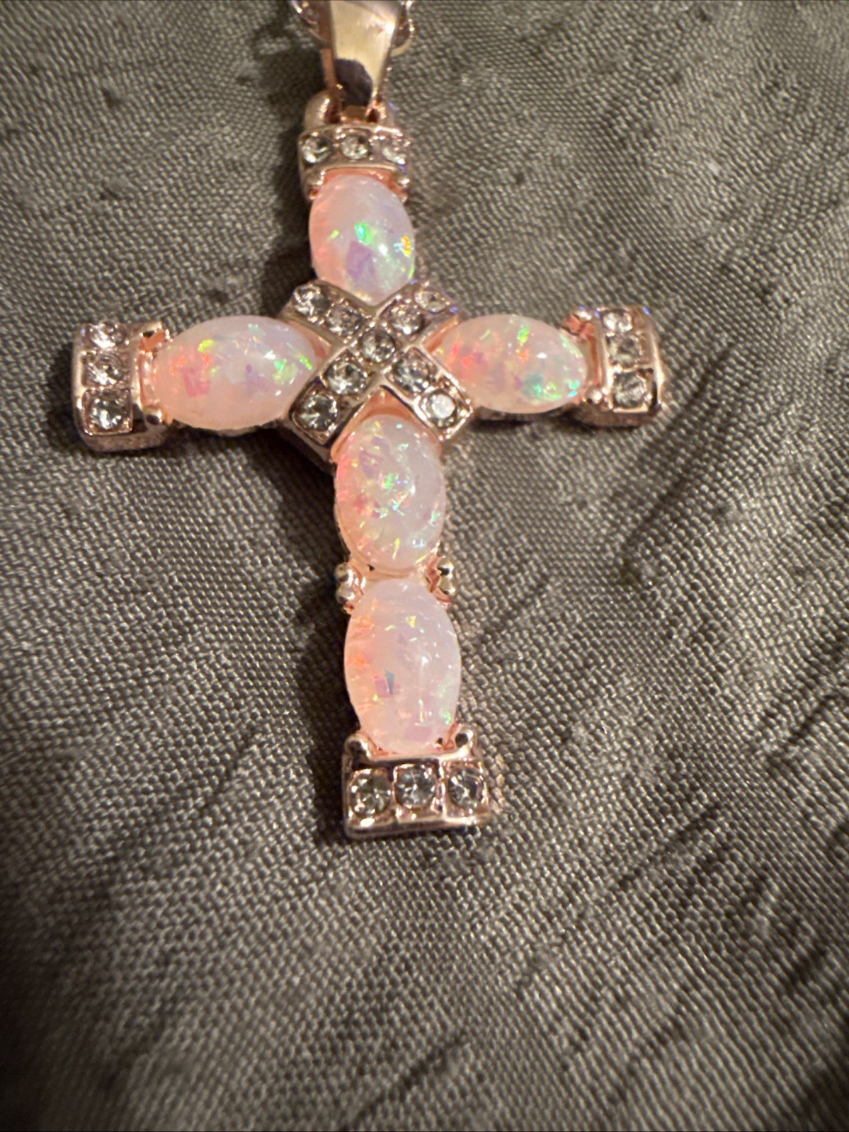 Rose Golden Hip Hop Pinkish Blue Glass Stones Cross Necklace W/rhinestones