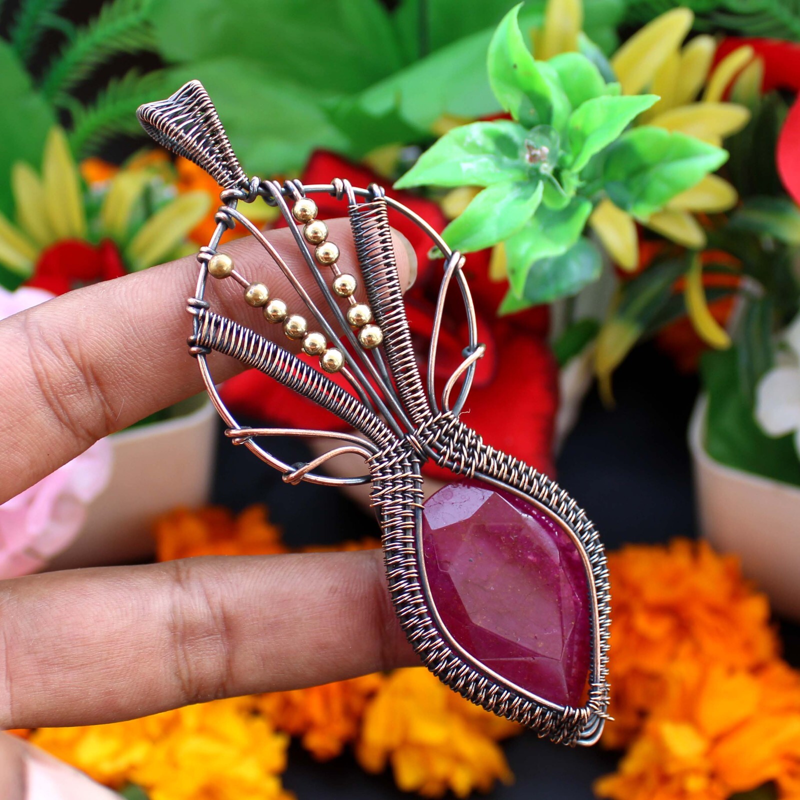 Kashmiri Ruby Handmade Pendant Copper Wire Wrapped Pendant Ruby Gemstone Jewelry