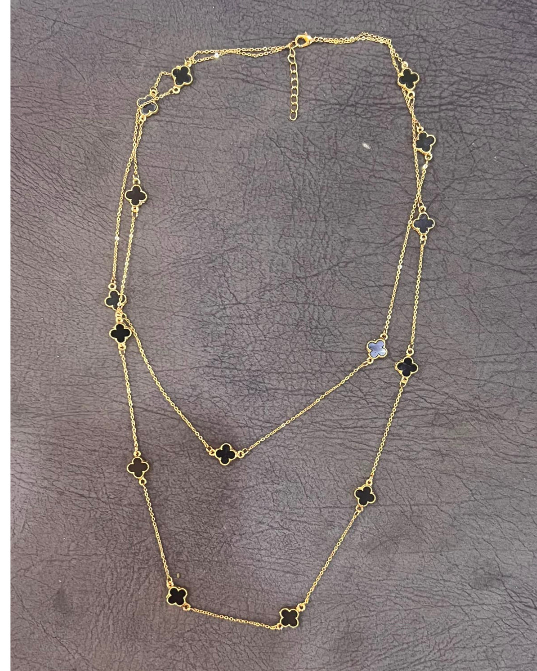Gold Tone Clover Station Necklace 16 Black Motifs Long Layered Chain 65cm